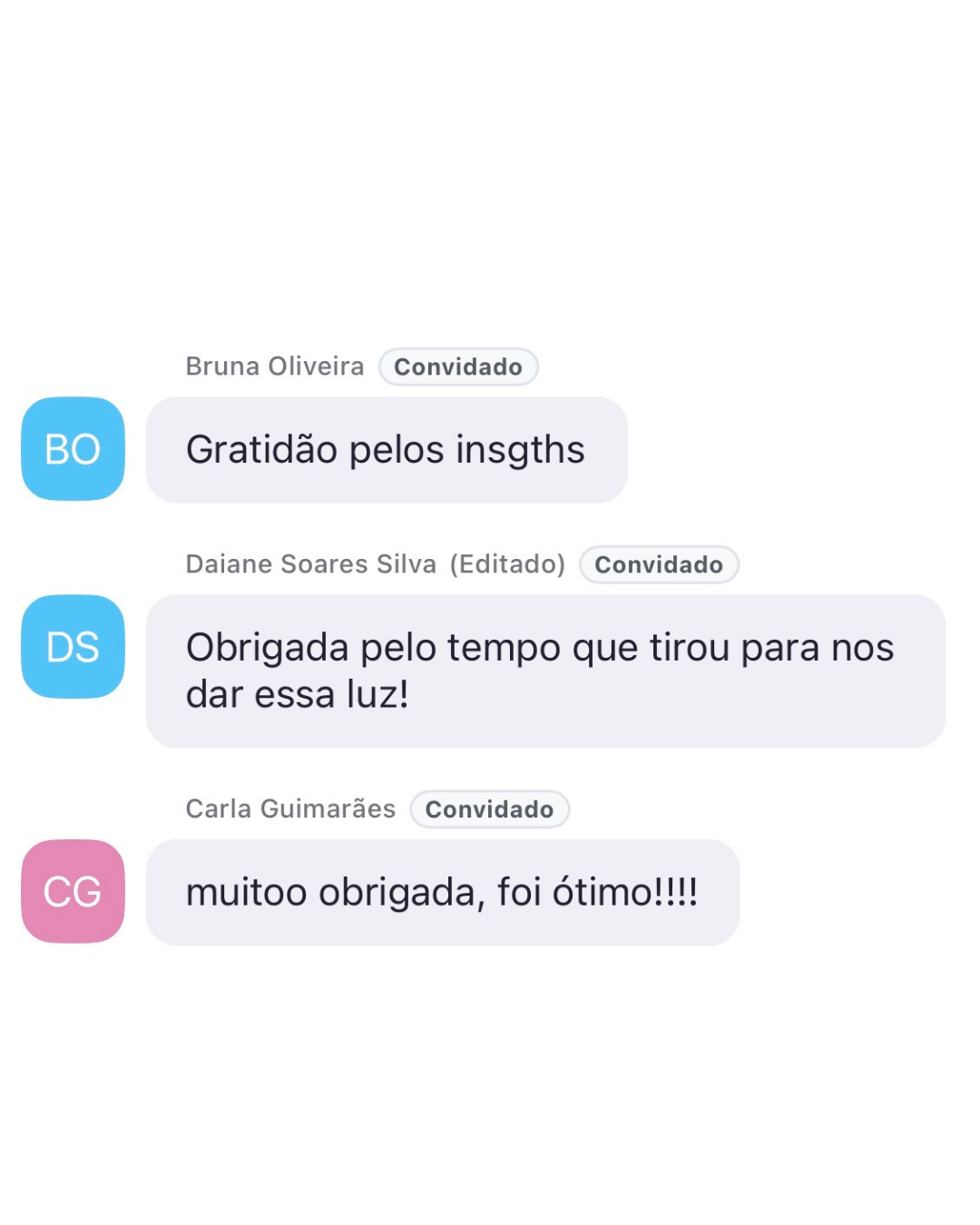 Mensagens de gratidão das alunas